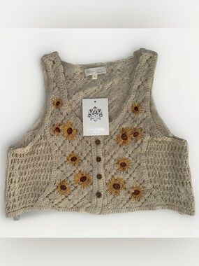 Rebellion Again Women Size S Vest Knit Embroidered Floral Cotton New Sleeveless